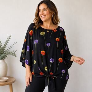 Synari Black Floral Vintage Blouse Tie Front Short Sleeve Sz 20